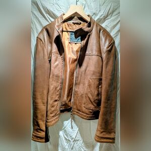 NFINITY Men's Tan Brown Leather Bomber Jacket Calfskin